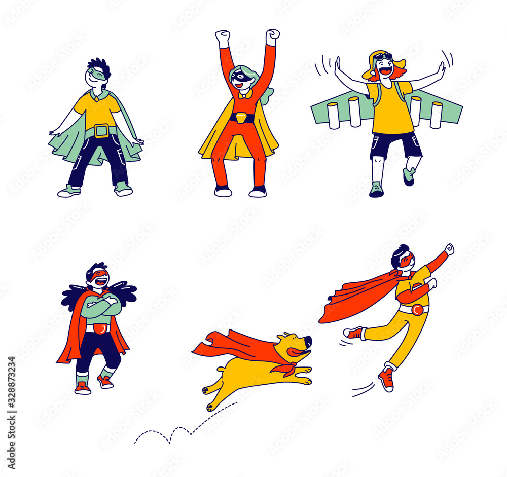 Set of Little Super Hero Kids Wearing Costumes and Red Cloak Having Fun and Playing with Dog Isolated on White Background. Children Characters Theater Performance. Linear People Vector Illustration