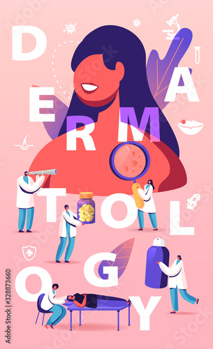 Dermatology Concept. Tiny Doctors Characters around of Huge Woman with Skin Problems. People Visit Clinic for Treatment and Cosmetology Procedures Poster Banner Flyer. Cartoon Vector Illustration