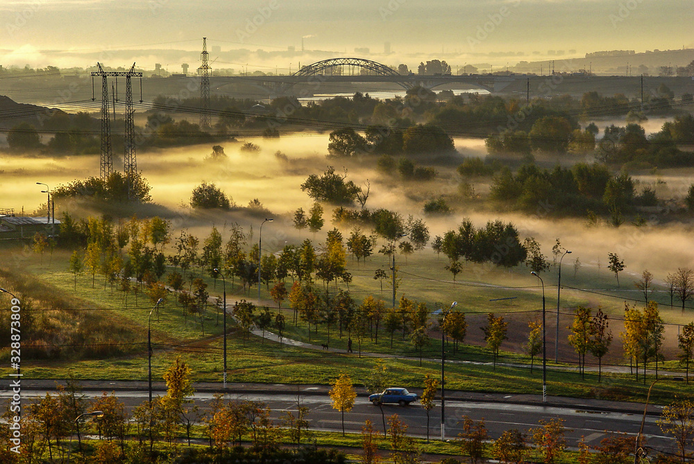 Fototapeta premium fresh early foggy morning on the outskirts of Moscow