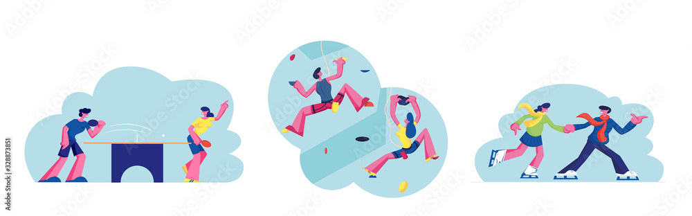 Set of People Sport Activity, Characters Climbing Wall, Playing Ping Pong and Skating on Ice Rink. Man and Woman in Recreation Area for Sports Training and Leisure Games. Cartoon Vector Illustration Set of People Sport Activity, Characters Climbing Wall, Playing Ping Pong and Skating on Ice Rink. Man and Woman in Recreation Area for Sports Training and Leisure Games. Cartoon Vector Illustration
