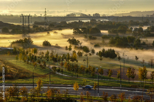 fresh early foggy morning on the outskirts of Moscow