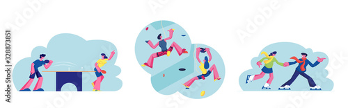 Set of People Sport Activity, Characters Climbing Wall, Playing Ping Pong and Skating on Ice Rink. Man and Woman in Recreation Area for Sports Training and Leisure Games. Cartoon Vector Illustration