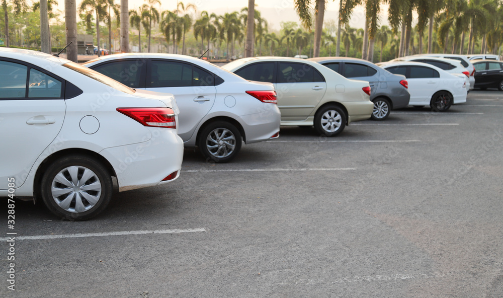 Closeup of rear, back side of white car with  other cars parking in outdoor parking area in twilight evening. 