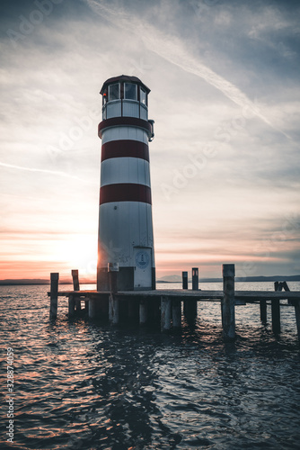 Lighthouse in Podersdorf am See at sunset, lake Neusiedler See, Burgenland, Austria