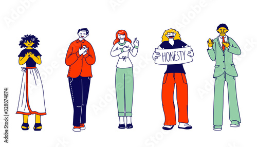 Group of Diverse Multiracial People Stand in Row Show Honesty Banner. Characters Gesturing Put Hand on Heart. Love, Gratitude Felling, Patriotism, Devotion Gesture, Promise. Linear Vector Illustration