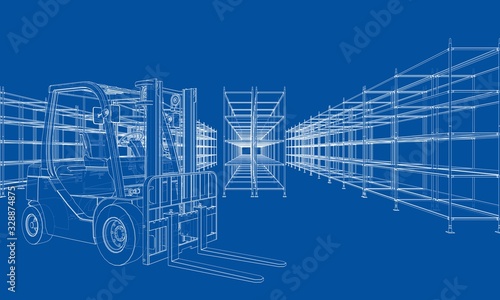 Warehouse shelves and forklift. Vector