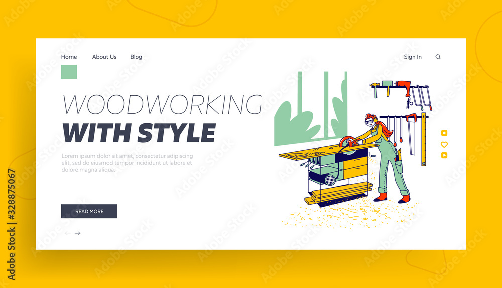 Woman Work in Carpentry Shop Landing Page Template. Girl Carpenter Character Wearing Overalls and Protective Glasses Working with Electric Saw on Wooden Table Cutting Board. Linear Vector Illustration