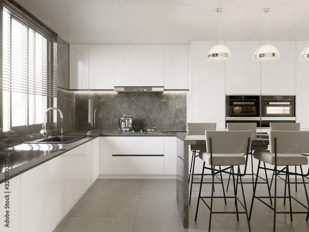 3d interior of a modern white kitchen with grey stools