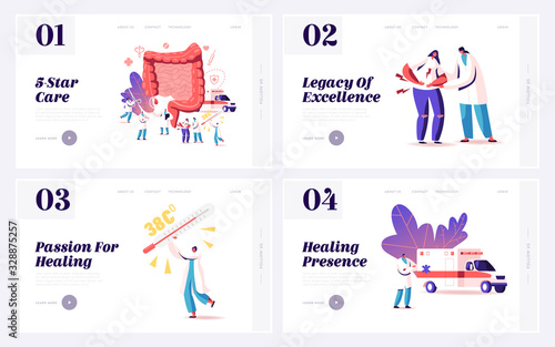 Appendix Pain, Appendicitis Disease Treatment Landing Page Template Set. Doctors Characters Help Diseased People with Abdominal Ache and Spasm, Emergency Aid, Ambulance. Cartoon Vector Illustration