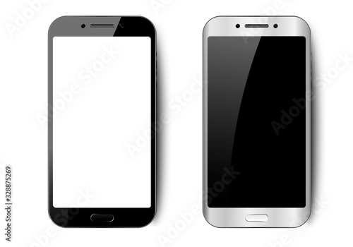 Black and white smartphone with shadow, camera and glare, mobile phone with empty screen for your design on isolated background, vector illustration