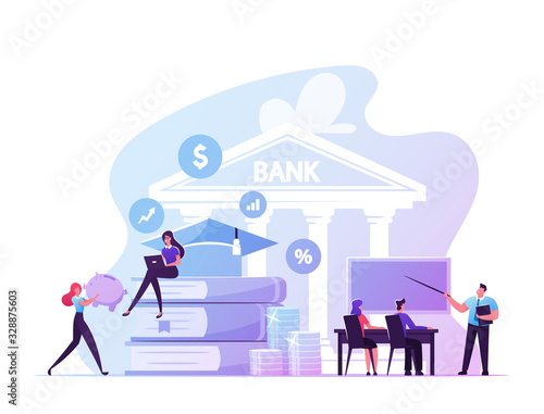 Educational Loan, Investment in Education Concept. Student Characters Take Debt in Bank for Studying in University, Scholarship Credit. People at Huge Books Pile and Coins. Cartoon Vector Illustration
