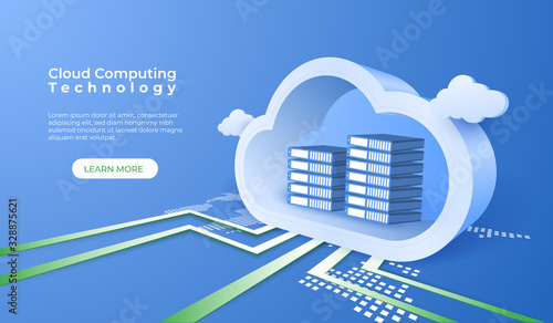 Cloud computing technology background. Digital online service. 3d cloud perspective vector illustration.