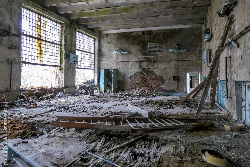Decaying gym in Pripyat, abandoned after the nuclear explosion in ...