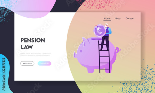 Pension Fund Savings, Insurance Landing Page Template. Joyful Tiny Elderly Man Stand on Ladder Put Huge Coin to Piggy Bank. Senior Grandparent Retirement, Money Safety. Cartoon Vector Illustration