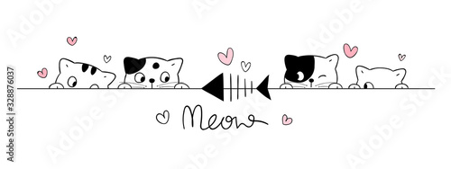 Photographie Draw cute cats look at fish on white.