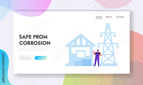 Industrial Use of Aluminium Landing Page Template. Male Worker Character Wear Working Robe Stand near High Voltage Power Line and Transformer Box, Electricity Technology. Cartoon Vector Illustration