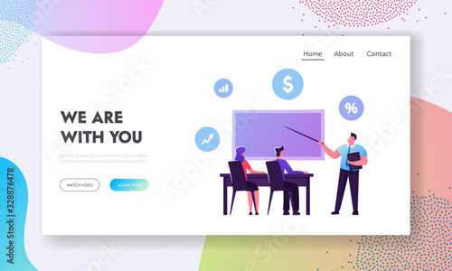 Educational Loan, Scholarship Landing Page Template. Students Characters Sitting at Desk Listening Teacher who Explain Lesson at Blackboard with Financial Icons. Cartoon People Vector Illustration
