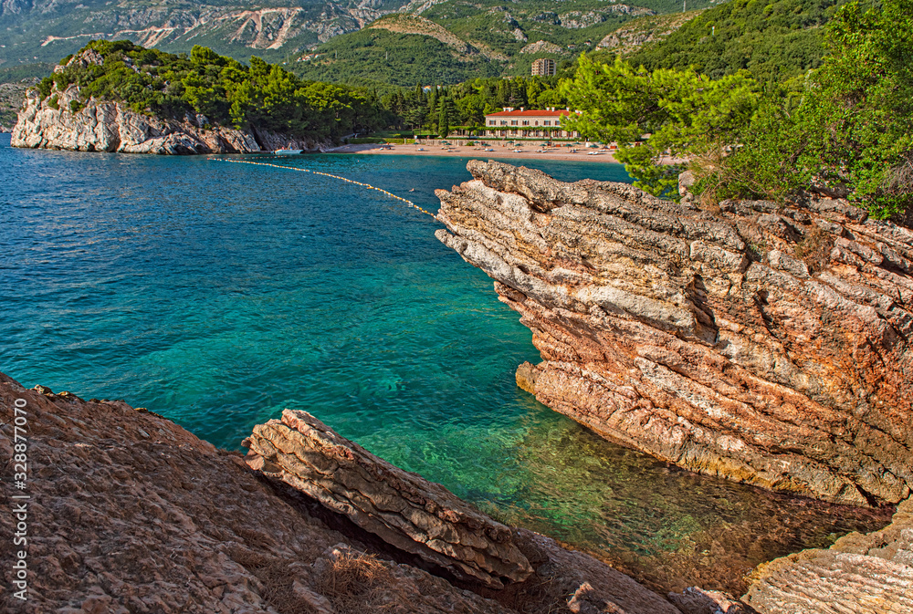 Nice rocky beach at Sveti Stefan, Montenegro