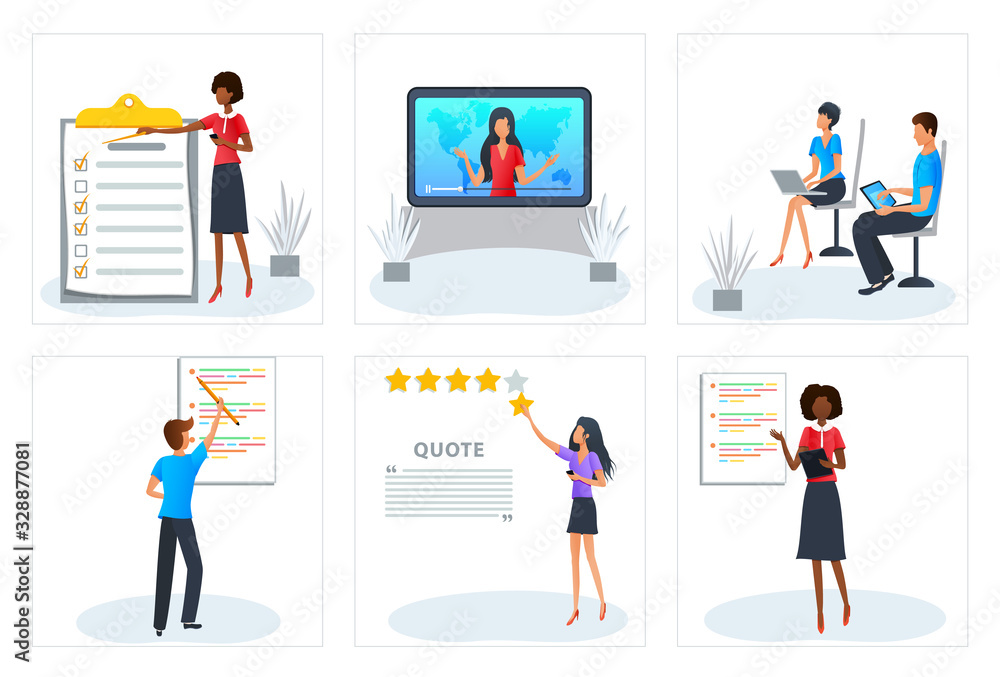 Fototapeta premium Vector concept of customer review rating, feedback metaphor. Project task management. Workshop, business training, professional presentation. Online education, video tutorial, podcast. Clip art