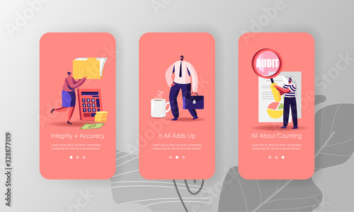 Consulting Auditors Service, Auditing Financial Report Mobile App Page Onboard Screen Template. Tiny People Characters Analysing Business Company Balance Statement Concept. Cartoon Vector Illustration