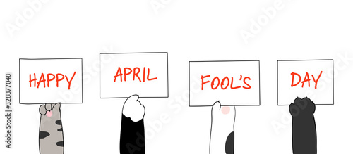 Draw banner cat paws  holding paper write happy April fool's day.