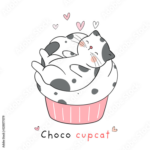 Draw cat sleeping on cupcake Isolated on white.