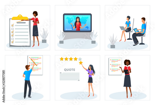 Vector concept of customer review rating, feedback metaphor. Project task management. Workshop, business training, professional presentation. Online education, video tutorial, podcast. Clip art
