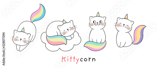 Draw collection cute cat like unicorn Isolated on white.