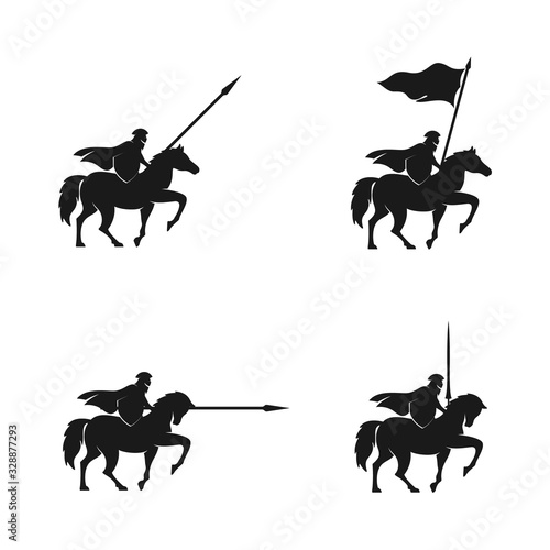 Horseback Knight Silhouette logo, Horse Warrior Paladin Medieval logo design illustration set