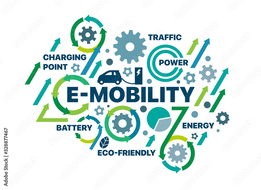 Detailed illustration of e-mobility concept. Banner with keywords and icons. Vector flat illustration with editable objects for presentations, sites, report