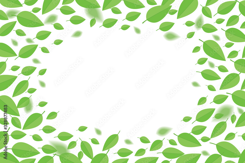 Background with green flying leaves. Leaves fly on the white background. Background with green flying leaves. Leaves fly on the white background.