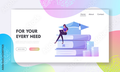 Educational Loan Landing Page Template. Tiny Female Student Character Work on Laptop Sitting on Huge Book Pile with Academic Cap and Coins Prepare for Exam, Get Knowledge. Cartoon Vector Illustration