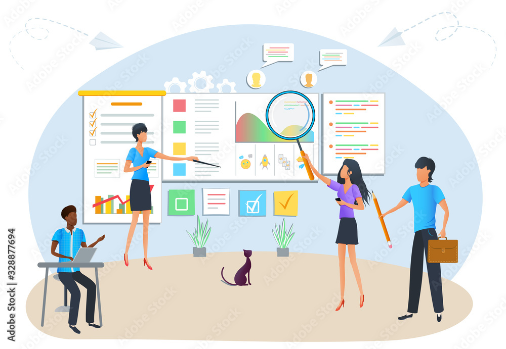 Vector concept of project task management and planning. Agile software development process. Workshop business training of office staff. Team project management. Design for banner, website, mobile app Vector concept of project task management and planning. Agile software development process. Workshop business training of office staff. Team project management. Design for banner, website, mobile app