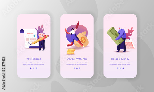 Financial Problems, Loan, Budget Crisis Mobile App Page Onboard Screen Template. Tiny People Characters Take Money Credit at Micro Finance Organization or Bank Concept. Cartoon Vector Illustration