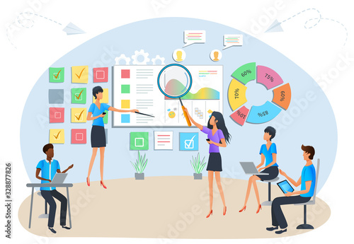 Concept of agile project management, software development process. Business teamwork. Team brainstorming. Tasks planning and management. Workshop training of office staff. Market statistics analysis