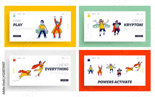 Superhero Kids Characters Playing and Having Fun in Comics Costumes with Funny Dog Landing Page Template Set. Children Go Back to School, Kindergarten Theater Performance. Linear Vector Illustration