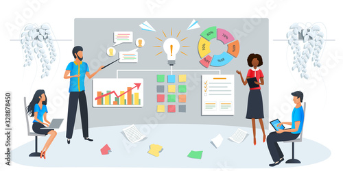 Vector modern illustration of business training. Team brainstorming the idea. Workshop event. Startup new business project. Market statistics analysis, employee studying company growth analytics.