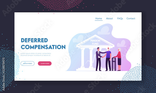 Aged Couple Consulting with Pension Insurance Agent Landing Page Template. Characters Shaking Hand Discuss Options Regarding the Deal Front of Pension Fund Building. Cartoon People Vector Illustration