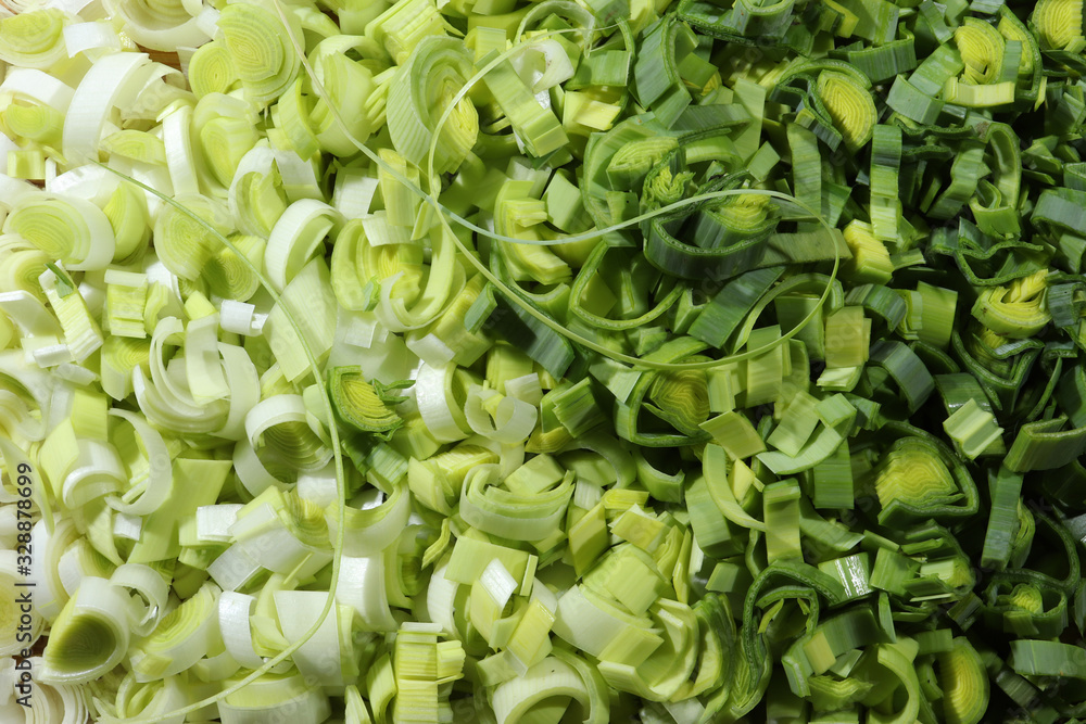 Photography of thinly sliced leek from white to green for food background Photography of thinly sliced leek from white to green for food background