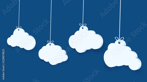 3d perspective with cloud on blue background. Copy space. Speech Bubble and white blank hanging..