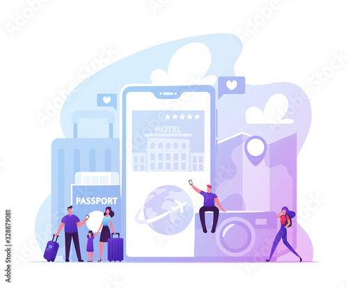 App for Tourists Concept. Happy People Go Travel Booking Tickets and Hotel Using Mobile Phone. Passengers Characters with Luggage near Huge Cellphone with Trip Application. Cartoon Vector Illustration