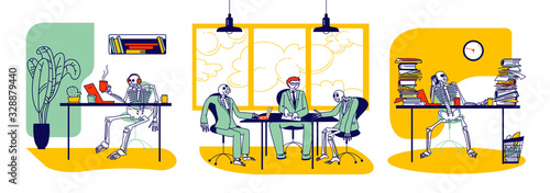 Workaholic and Overload Workers Concept. Skeletons Business Characters and Alive People Working in Office. Negotiation, Paperwork, Drink Coffee. Work till Die, Deadline. Linear Vector Illustration