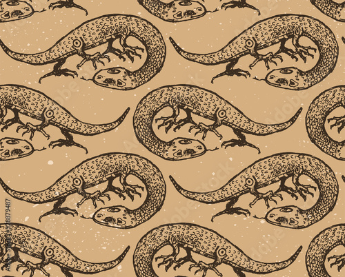 Seamless texture with vector lizard or snake with legs. Hand drawn illustration with animal. Modern print.