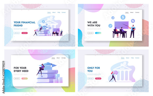 Investment in Knowledge, Educational Loan Landing Page Template Set. Tiny Students Characters Take Money Debt in Bank for Invest in Education and Future Successful Career. Cartoon Vector Illustration
