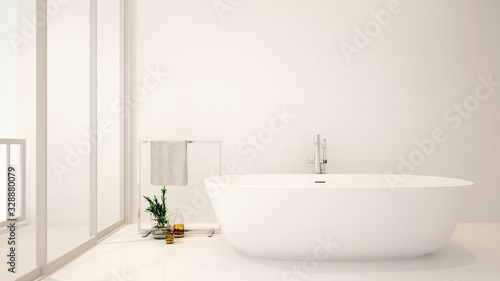 Bathroom and balcony for artwork of hotel or villa. White bathroom minimal design for spa. 3D Rendering