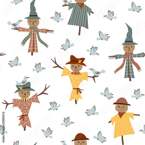 Cute scarecrows with crow birds hand-drawn vector seamless pattern. Cartoon farming kids background for wrapping paper, fabric, textile, wallpaper