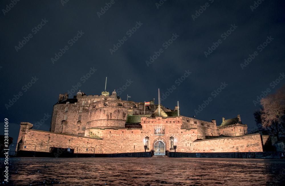 Shot at night of the Edinburgh Castle, Scotland February 2020