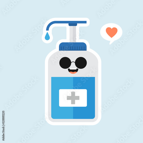 ute and kawaii disinfection or and sanitizer bottle, washing gel. Vector illustration suitable for hygiene, disinfect, medical, clean life, anti virus, bacteria, health care, disease spread, germs