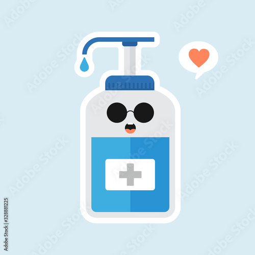 ute and kawaii disinfection or and sanitizer bottle, washing gel. Vector illustration suitable for hygiene, disinfect, medical, clean life, anti virus, bacteria, health care, disease spread, germs