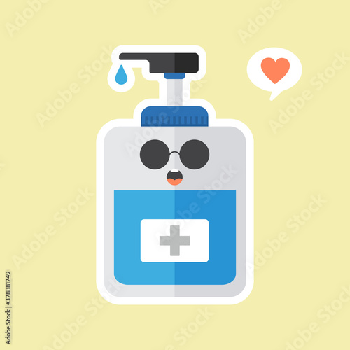 ute and kawaii disinfection or and sanitizer bottle, washing gel. Vector illustration suitable for hygiene, disinfect, medical, clean life, anti virus, bacteria, health care, disease spread, germs
